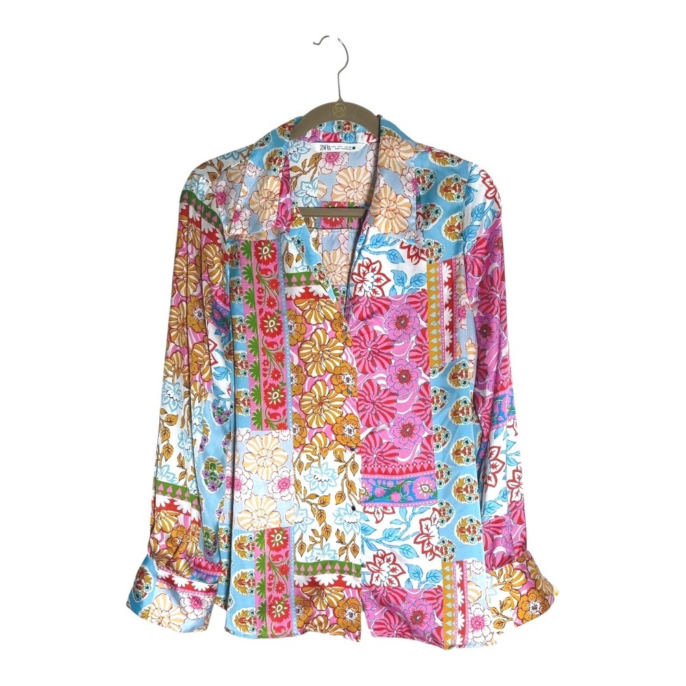 Zara Patchwork Mix Media Print‎ Button Front Silk… - image 1